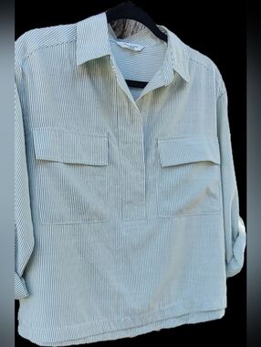 Max Studio Striped Crop Top - Sage Green -white